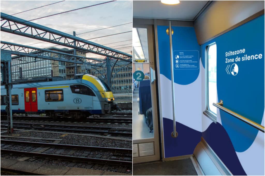 zones de silence dans les trains belge, image d'un train et image des pictogrammes de la zone de silence