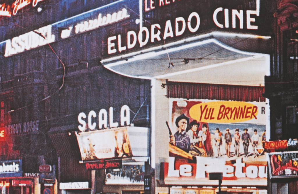 salles de cinéma bruxelles eldorado devanture façade néons lumières affiches de films